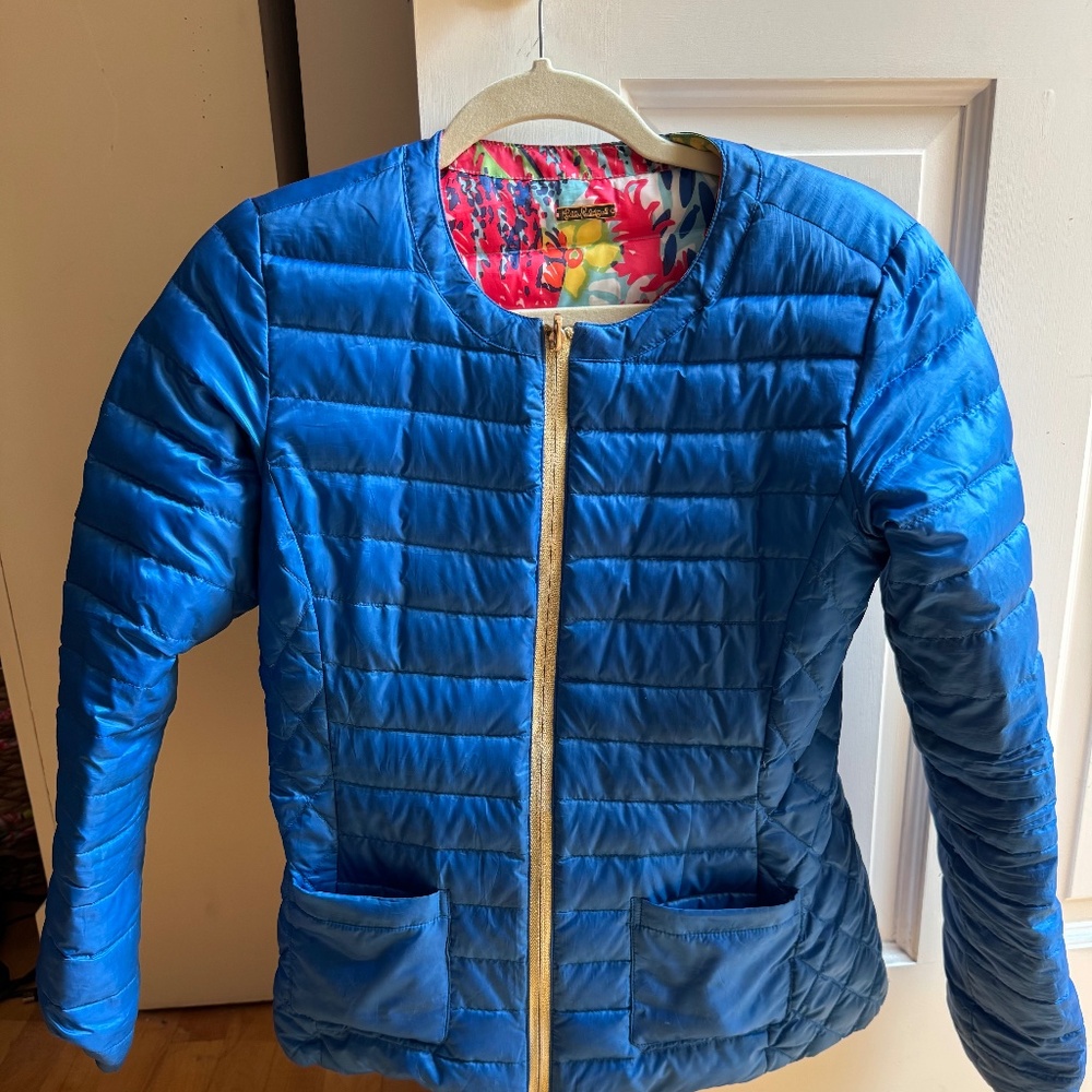 Lilly Pulitzer Bright Blue Quilted Ski Jacket with Floral Lining